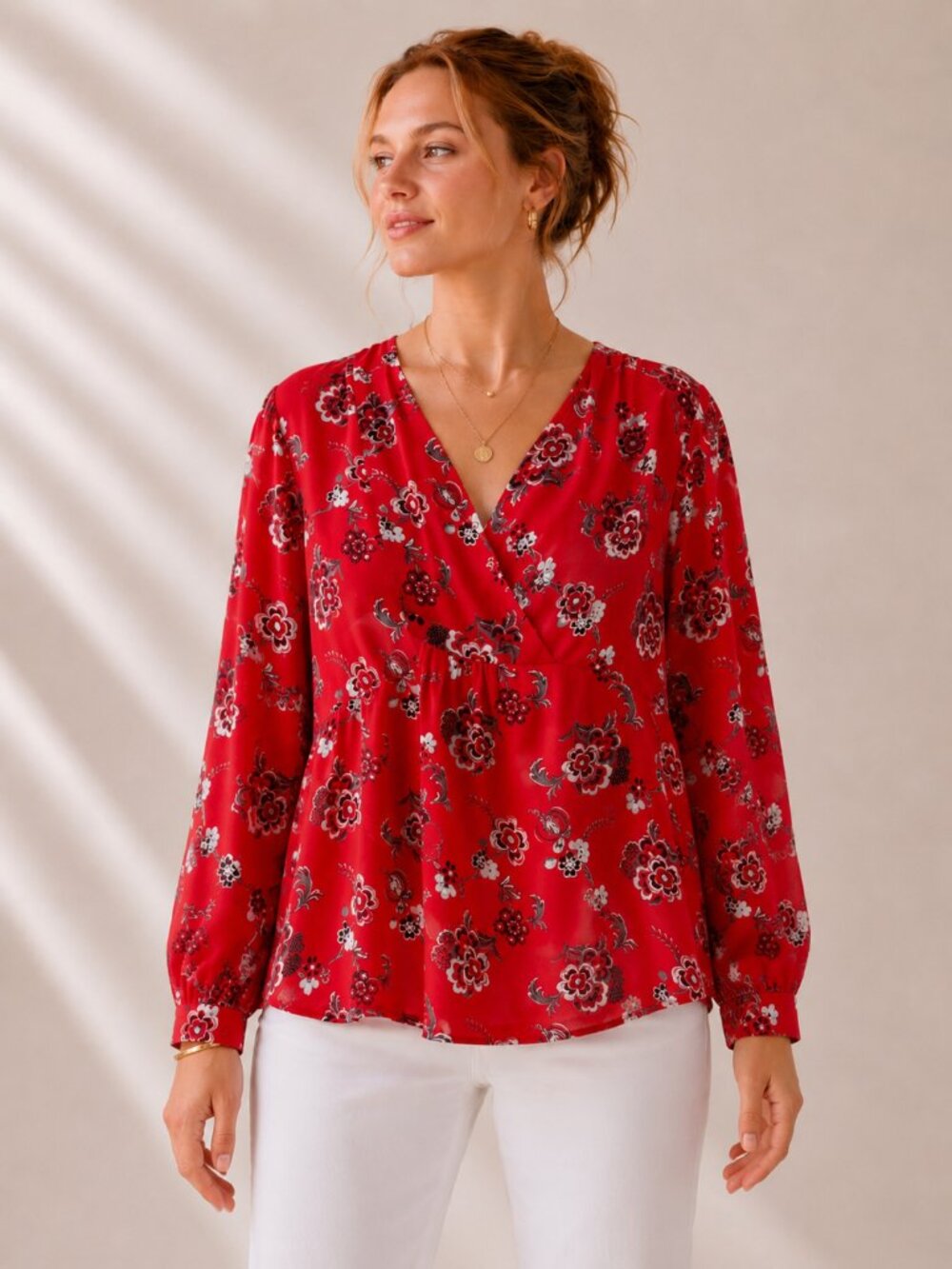 LOFT Outlet Red Floral Wrap Look Blouse V Neck Long Sleeve Size M NWT
